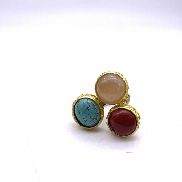 Triple Multicolor Gemstone Ring Gold Tone Size 7 - Picture 2 of 7